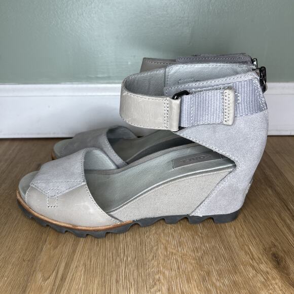 SOREL WOMENS 8.5 JOANIE II SANDAL ANKLE STRAP LEATHER WEDGE GRAY LEATHER ZIP - Picture 4 of 9